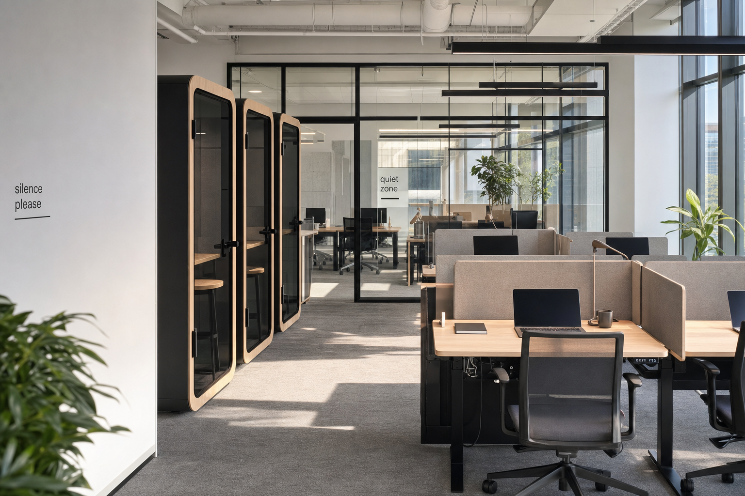 Hybride kantoor inrichting met focus- en samenwerkingszones