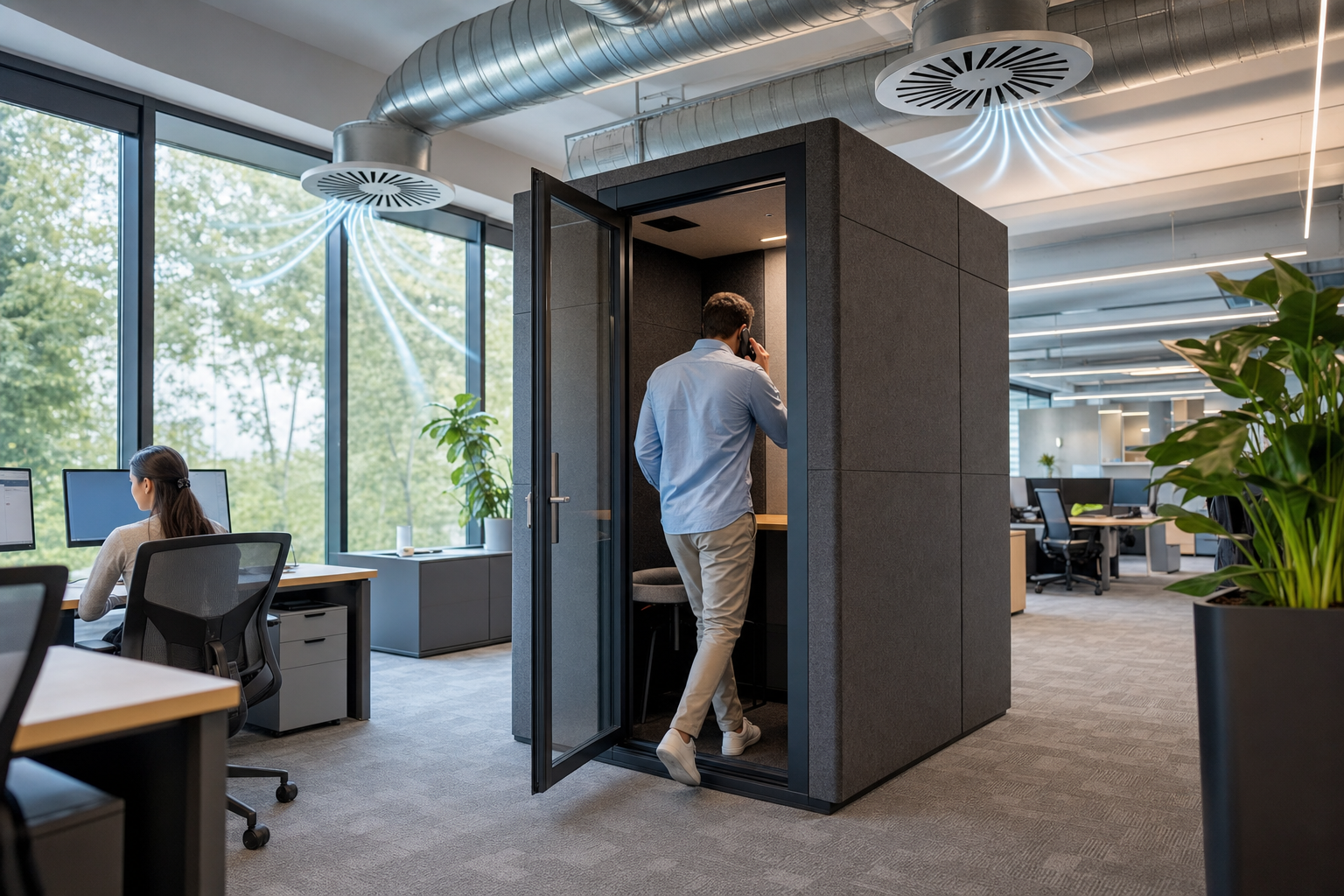 Geluidsdichte cabine in moderne kantoorruimte