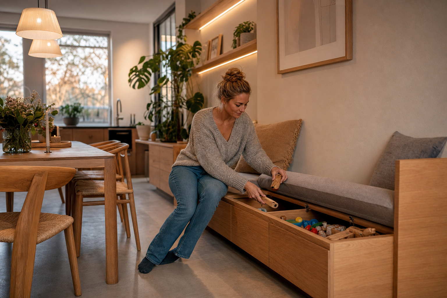 Wandbank op maat met geïntegreerde opbergruimte