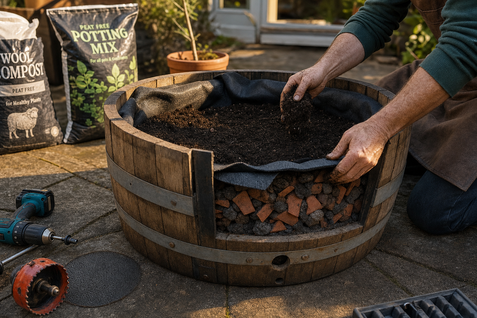 Wijnvat als plantenbak in tuin