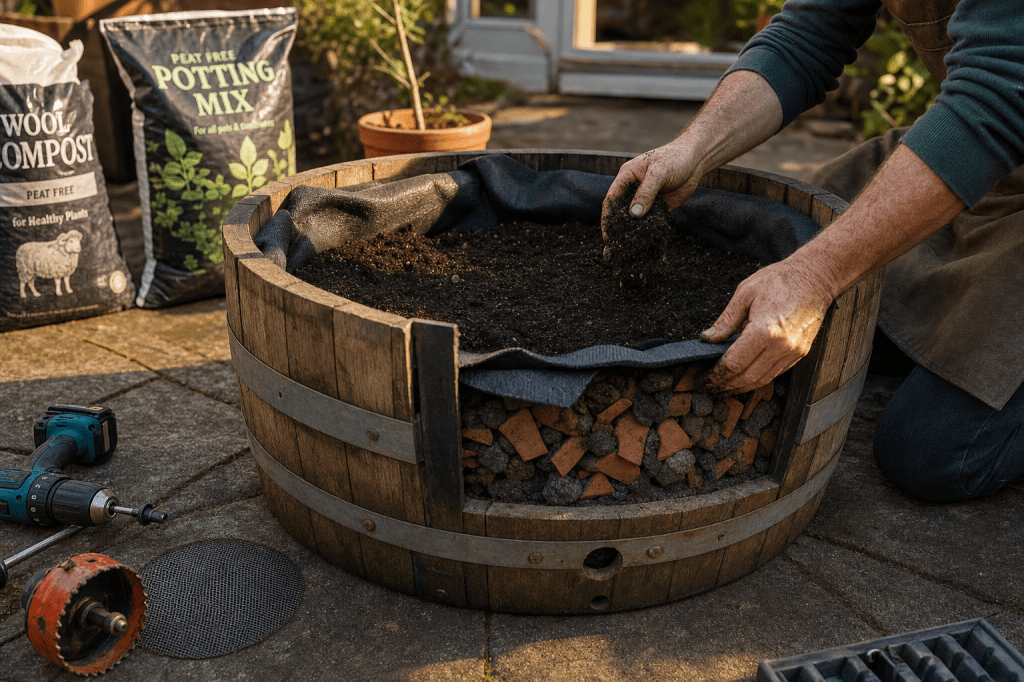 Hoe maak je van een oud wijnvat een duurzame plantenbak met goede afwatering en de juiste&nbsp;potgrond?