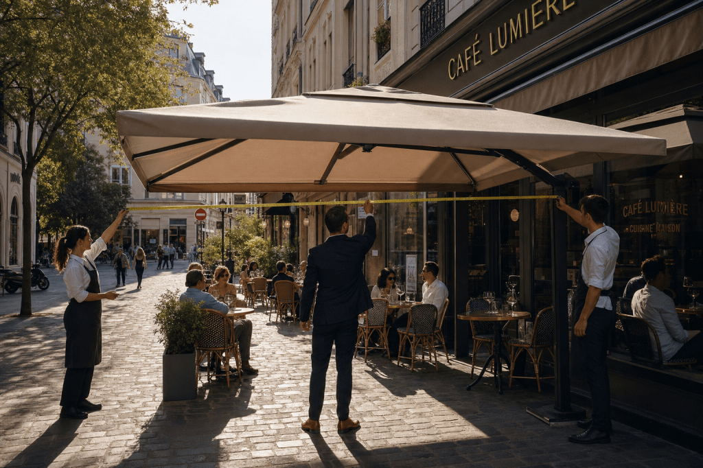 Hoe bepaal je de juiste afmeting en plaatsing van een terras parasol voor horeca om maximale schaduw te creëren zonder looppaden en zichtlijnen te blokkeren?